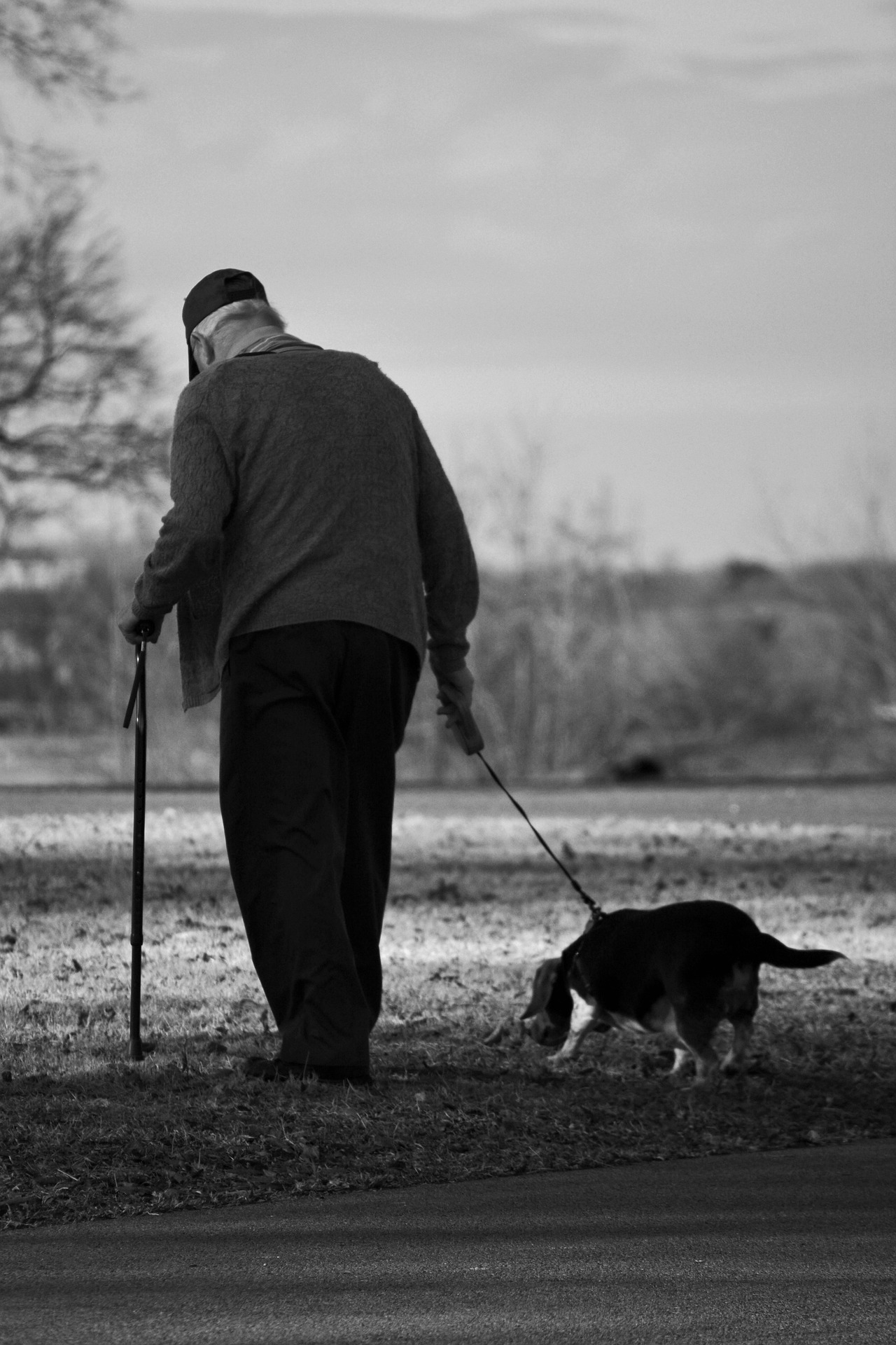 Grayscale shot of an older man walking his dog | Source: Pixabay