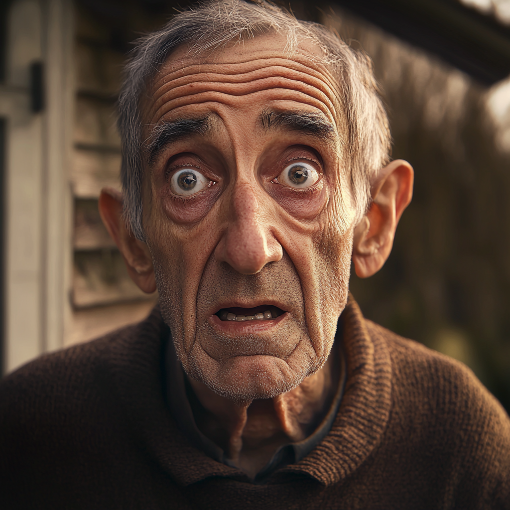 A startled older man standing outside his cottage | Source: Midjourney