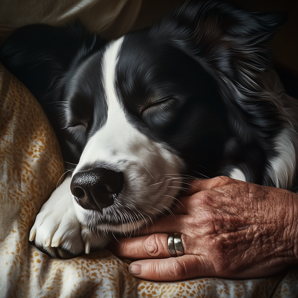 An older man hugging his beloved pet dog to sleep | Source: Midjourney