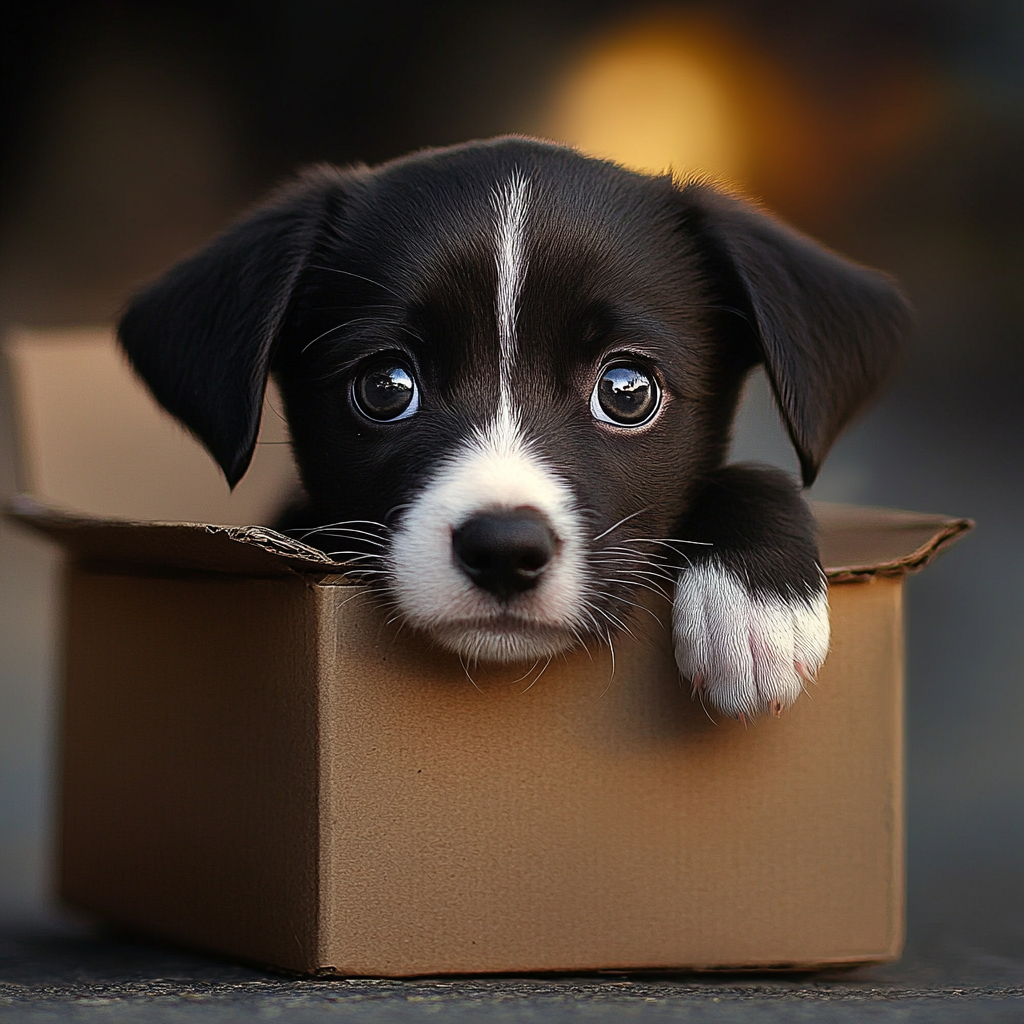 A sad little puppy abandoned in a cardboard box on the roadside | Source: Midjourney