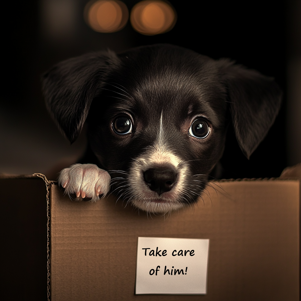 Nostalgic picture of an abandoned puppy in a box bearing a note | Source: Midjourney